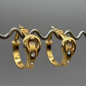 Vintage Gold Tone Hoop Earrings Belt Buckle Design Rhinestones Latch Back Retro